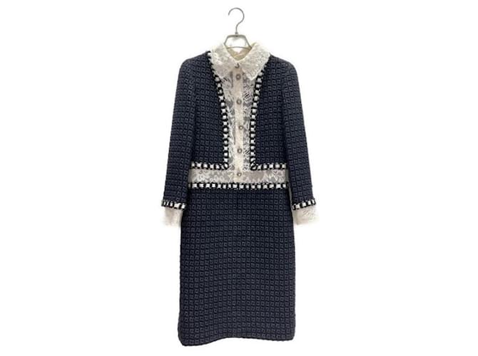 ***CHANEL  tweed lace dress Navy blue Silk Wool Nylon  ref.995105
