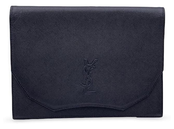 Ysl Yves Saint Laurent Logo Leather Full-Zip Wallet Black Pochette Vintage