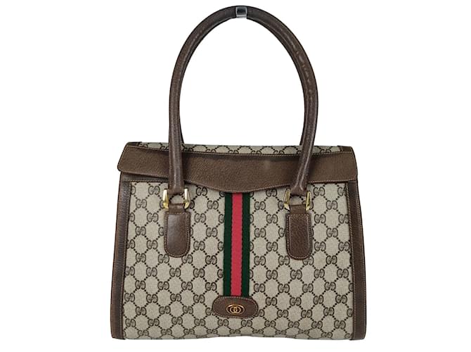 Auth GUCCI Black GG Sherry Line Striped Green Red Jacquard Leather Doctor  Bag
