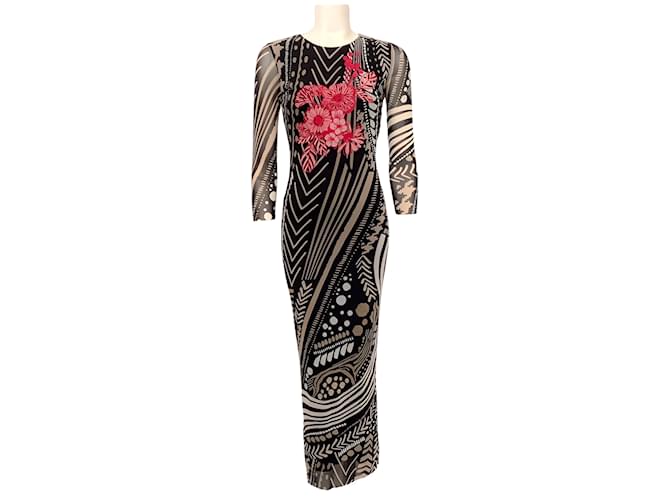 Fuzzi Black / Tan Abstract Print Dress with Red Flower Embellishment Polyester  ref.996201