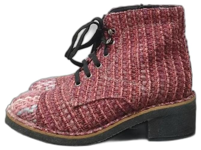 Chanel Burgundy Tweed Lace Up Ankle Boots