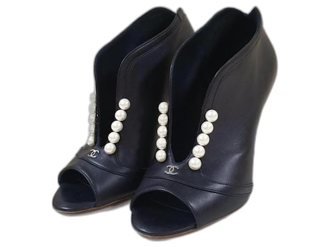 Chanel Pearl Open Toe Booties Black Leather  ref.996260