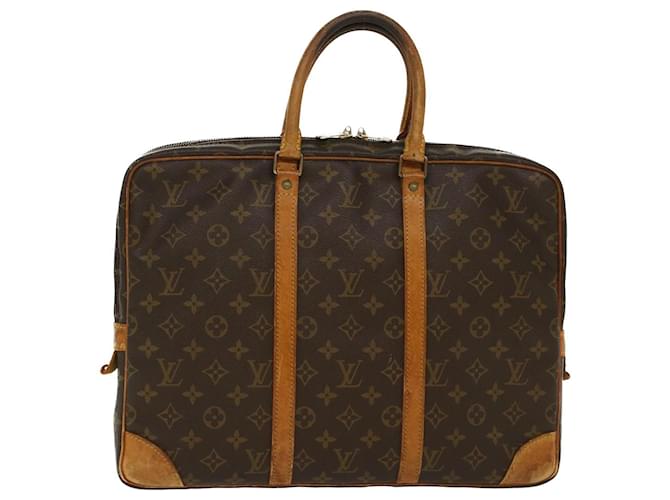 LOUIS VUITTON BROWN LEATHER LV MONOGRAMMED COMPUTER BAG.