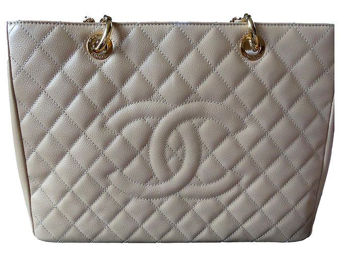 Bolsa Chanel Shopper Bege em Couro Caviar