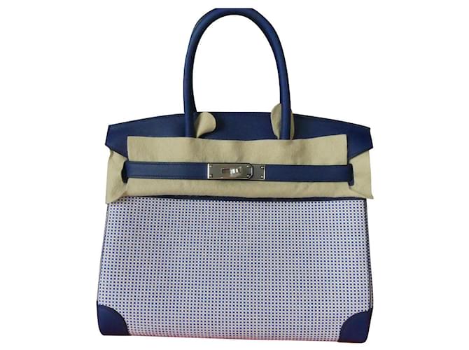 Hermès Birkin Cuir Tissu Blanc Bleu  ref.998500