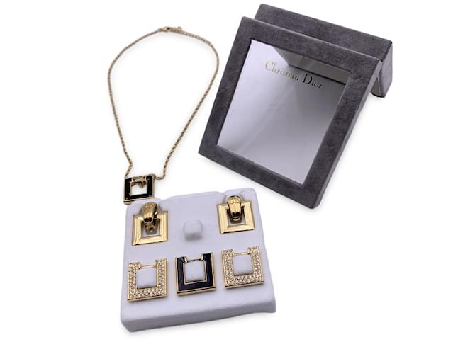 Christian Dior Vintage Intercheangeable Jewelry Necklace Earrings Set Golden Metal  ref.998755