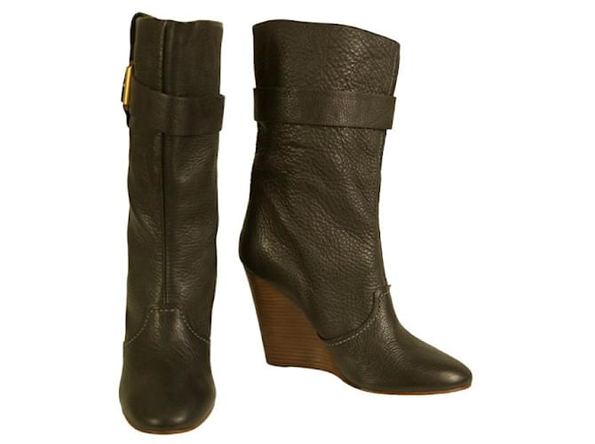 Chloé Chloe Black Leather Pull On Wedge Heel Booties Calf Boots Shoes size 40  ref.998918
