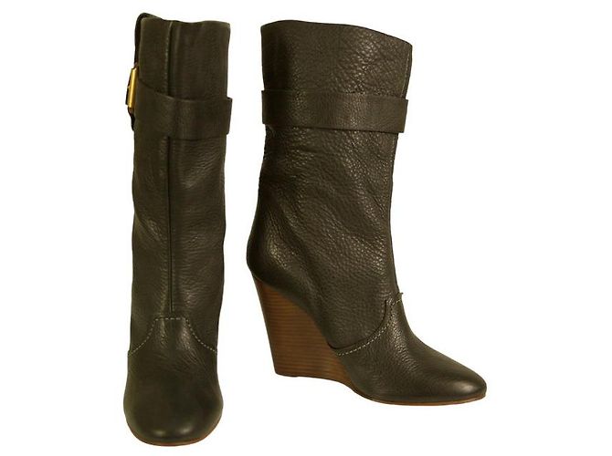 Chloé Chloe Black Leather Pull On Wedge Heel Booties Calf Boots Shoes size 40