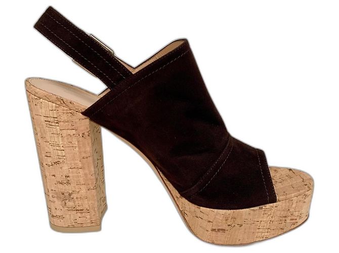 Mules compensées Gianvito Rossi Slingback Daim Chocolat