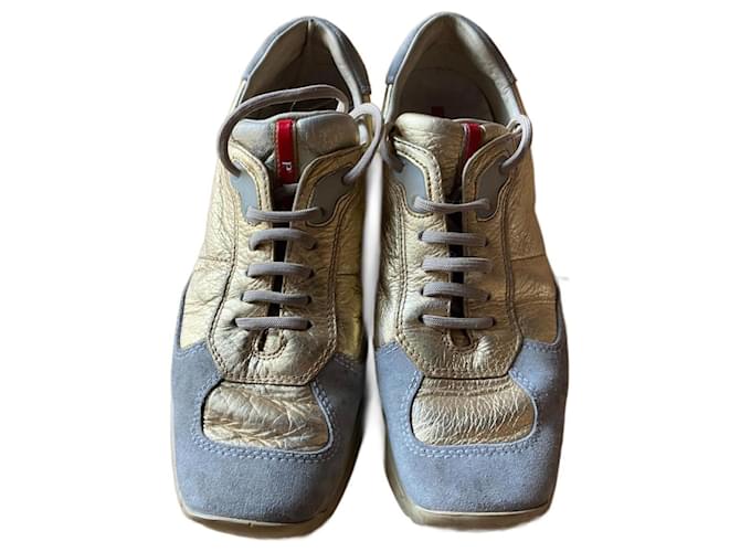 Prada Sneakers Golden Grey Leather Deerskin  ref.999139