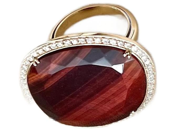 Autre Marque Anillo pavé en oro rosa, llanta engastada con diamantes, piedra central ojo superior rojo Castaño Burdeos Marrón oscuro  ref.999160