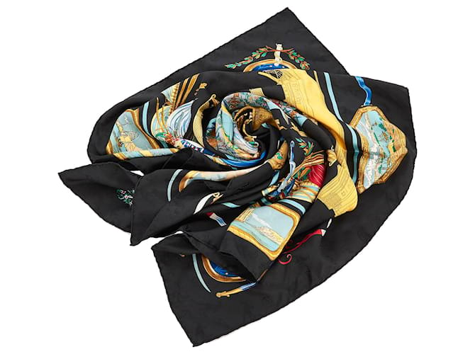 Hermès Hermes Black Le Geographe Printed Silk Scarf Cloth  ref.999217