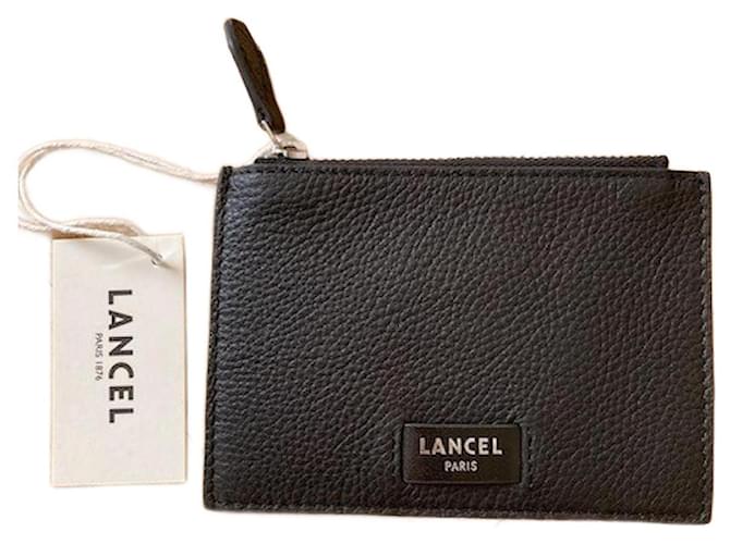 Lancel Zippered card holder 2 EN 1, NINON line in grained cowhide leather. Black  ref.999390