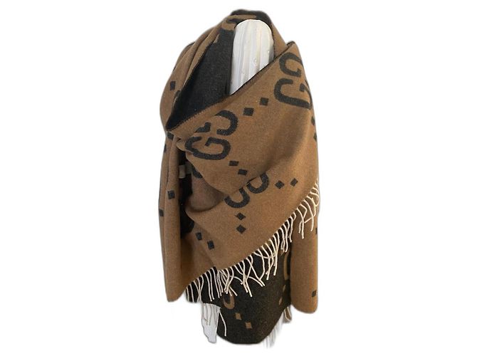 Marmont MAXI-KARIERDECKEN-PONCHOSCHAL XXL GUCCI REVERSIBEL 100% Cachemire Beige