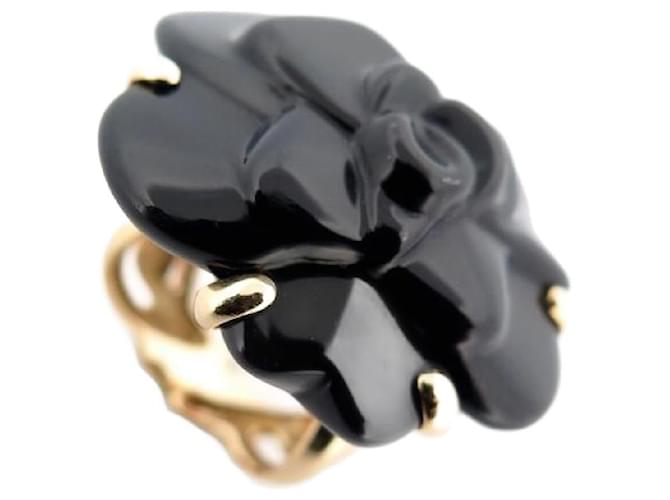 CHANEL CAMELIA CAMELIA LARGE MODEL ONYX & YELLOW GOLD RING 18k t 50 RING