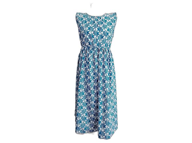 Autre Marque Vestido de algodón turquesa con estampado de tortuga