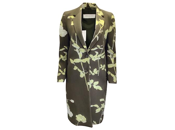 Dries van Noten Olive Green Richy Bis Floral Embroidered Cotton and Wool  Coat