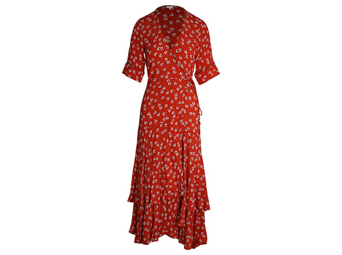 Robe longue fleurie style portefeuille Ganni en viscose rouge Fibre de cellulose  ref.1009640