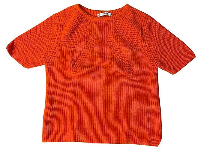 Suéter Cropped Zara de Algodão de Manga Curta Laranja