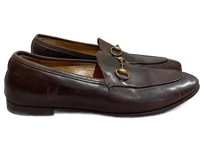 GUCCI Jordaan Loafers Flats Size 36 EU Black Horsebit Logo Gold Dress Shoes