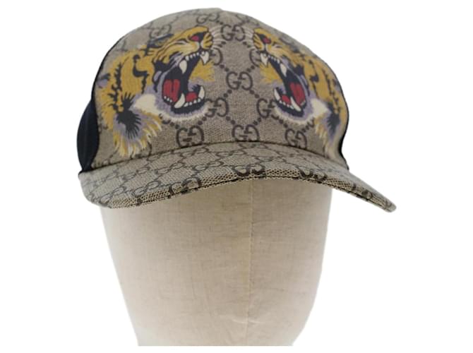 GUCCI GG Canvas Tiger Cap PVC Leather M 58 Beige Black 426887 4HB13 Auth yk7869 Yellow  ref.1010151