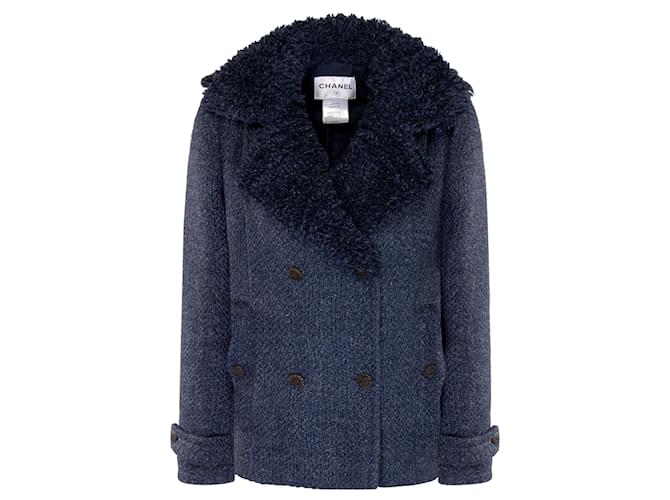 Chanel Flauschige Tweed-Jacke mit CC-Knöpfen Marineblau  ref.1010336