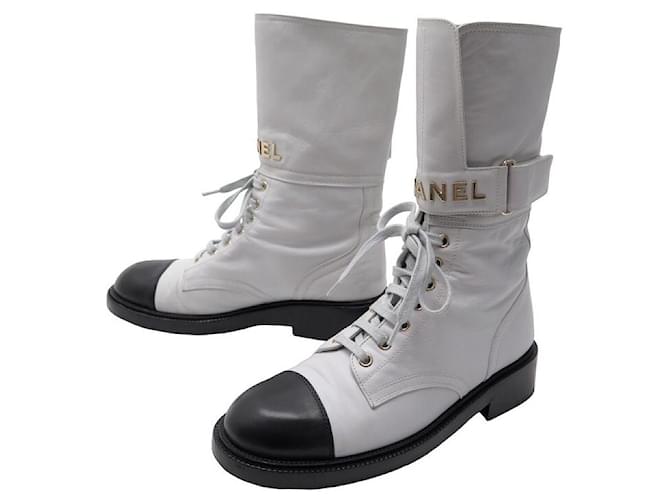 CHANEL SHOES COMBAT LOGO ANKLE BOOTS 38.5 LIGHT GRAY LEATHER BOOTS
