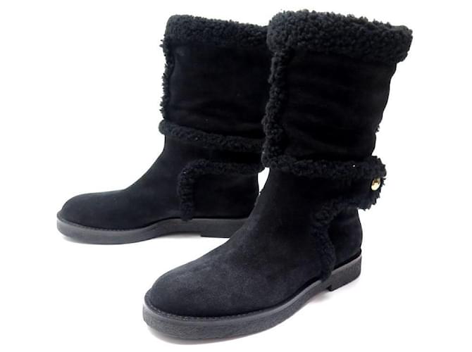 LOUIS VUITTON SNOWY FLAT HALF BOOT SHOES 36.5 37 FURRED SHEARLING Black Suede  ref.1010718