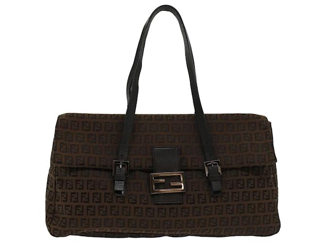 FENDI Zucchino Canvas Shoulder Bag Leather Dark Brown Auth bs6815  ref.1011129
