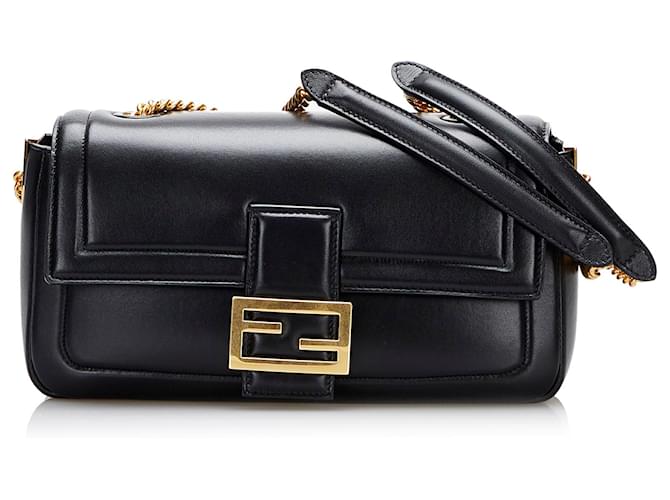 Fendi Black Mini Baguette Chain Bag Leather Pony-style calfskin