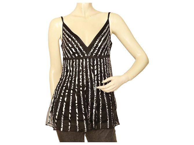 Classe Roberto Cavalli Black Net Zebra Pattern Cami Top Blouse sans manches sz 42 Noir Argenté