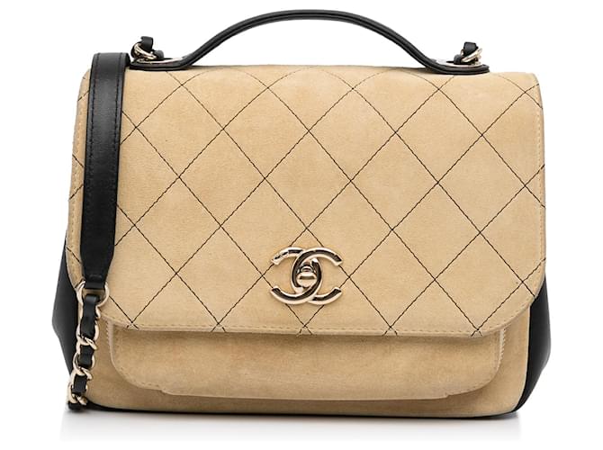 Chanel Brown Business Affinity Suede Flap Beige Leather Pony-style