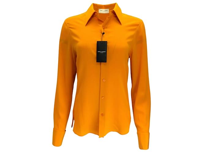 Saint Laurent Orange 2021 Fitted Long Sleeved Silk Crepe de Chine Button-down Shirt  ref.1013848