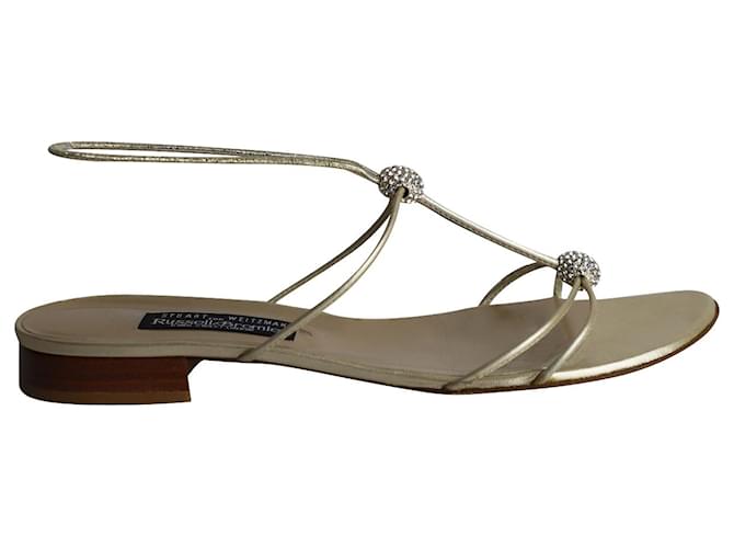 Stuart Weitzman Crystal Embellished Flat Sandals in Gold Leather Golden  ref.1013942