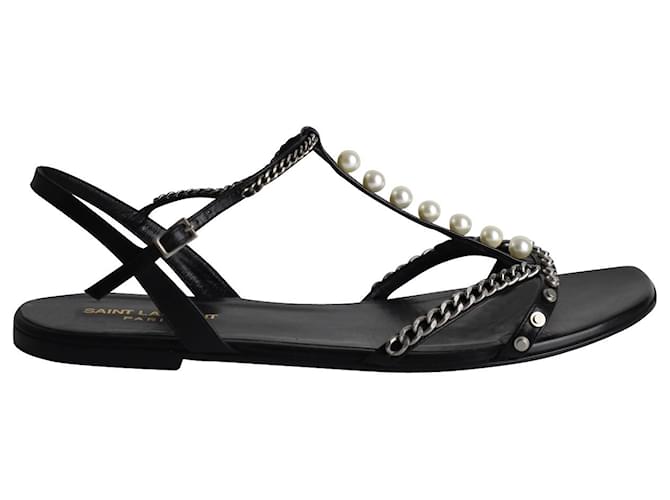 Saint Laurent Pearl and Chain T-strap Flat Sandals in Black Leather  ref.1013978