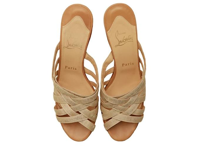 Christian Louboutin Nude Crepon 100 Fabric Espadrille Platform Wedge Sandals 38 Beige Cotton  ref.1014245