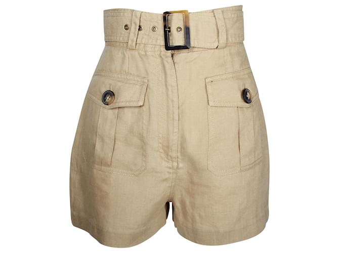 Zimmermann Belted High-Waist Shorts in Beige Linen  ref.1014368