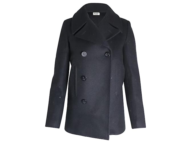 Saint Laurent Double-Breasted Short Coat in Black Wool  ref.1014404