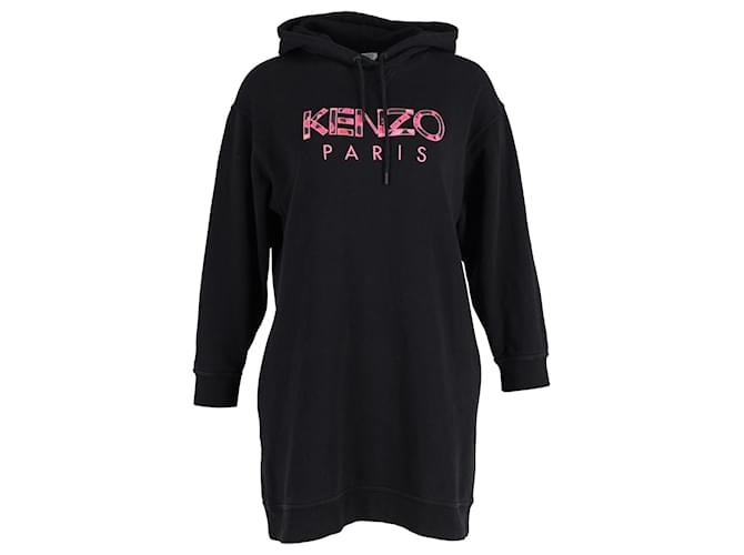Kenzo Paris Sweatshirt-Kleid mit Pfingstrosen-Logo-Stickerei und Kapuze aus schwarzer Baumwolle  ref.1014426