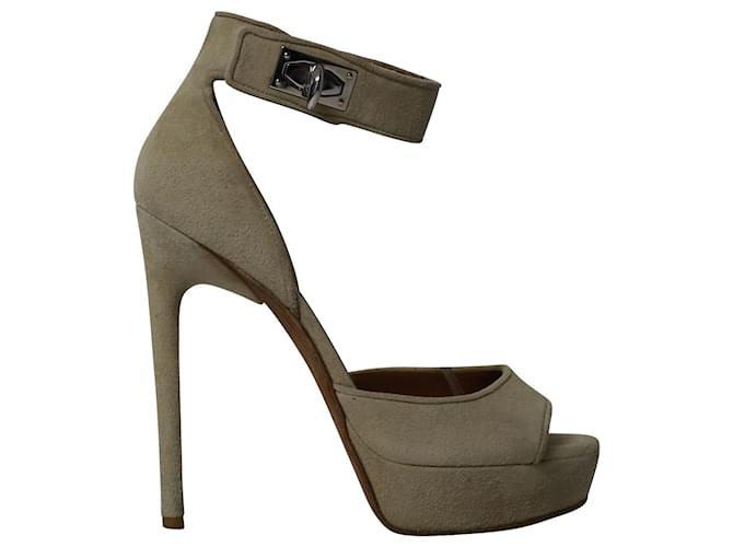 Givenchy Shark Lock High-Heeled Sandals in Khaki Suede Green  ref.1014440