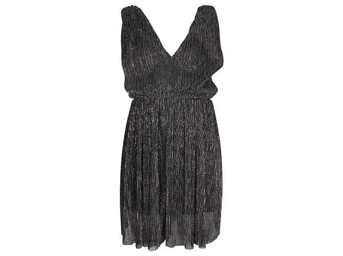 Ärmelloser Maje-Strampler mit V-Ausschnitt aus metallisch schwarzem Polyester