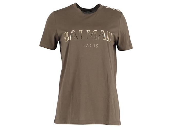 Balmain Metallic Logo T-shirt with Shoulder Gold Buttons in Khaki Cotton Green  ref.1014468