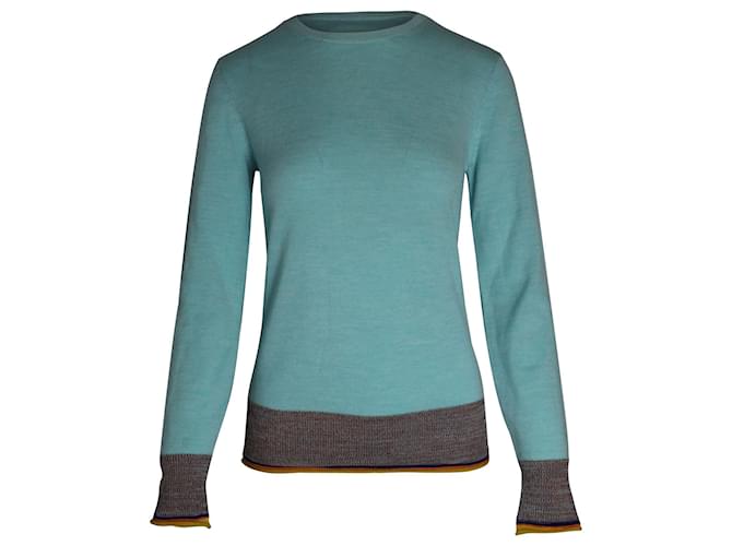Victoria Beckham Contrast Hem Knitted Sweater in Blue Wool  ref.1014547