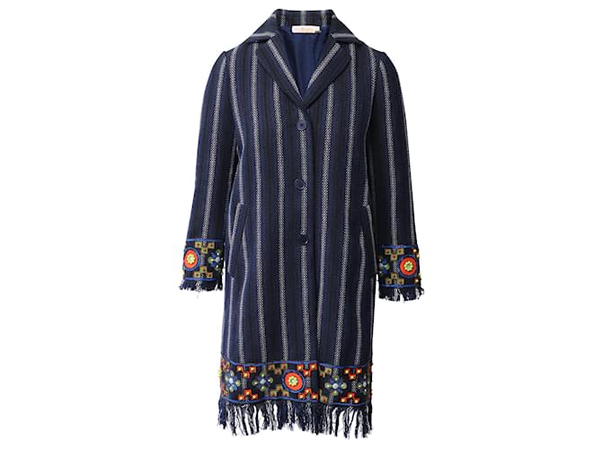 Tory Burch Luna Embellished Woven Coat in Blue Cotton  ref.1014607