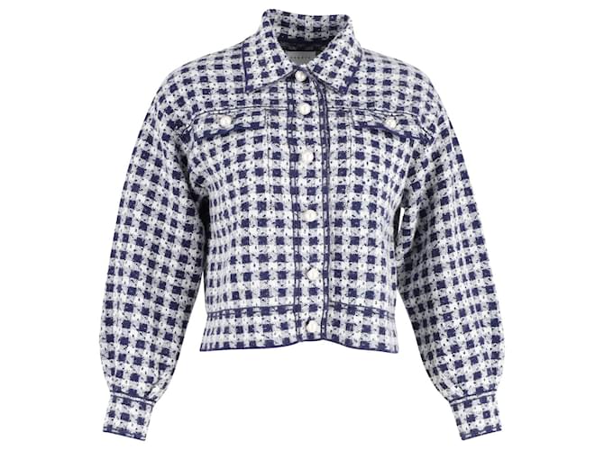 Veste courte en tweed à carreaux Sandro Jayce en coton bleu et blanc  ref.1014622