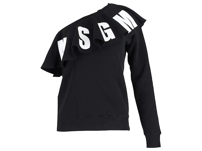MSGM Logo Print One-Shoulder Ruffled Sweatshirt in Black Cotton  ref.1014624