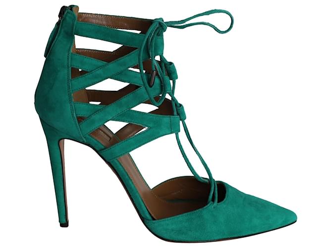 Aquazzura Belgravia Lace-Up Pumps in Green Suede   ref.1014653