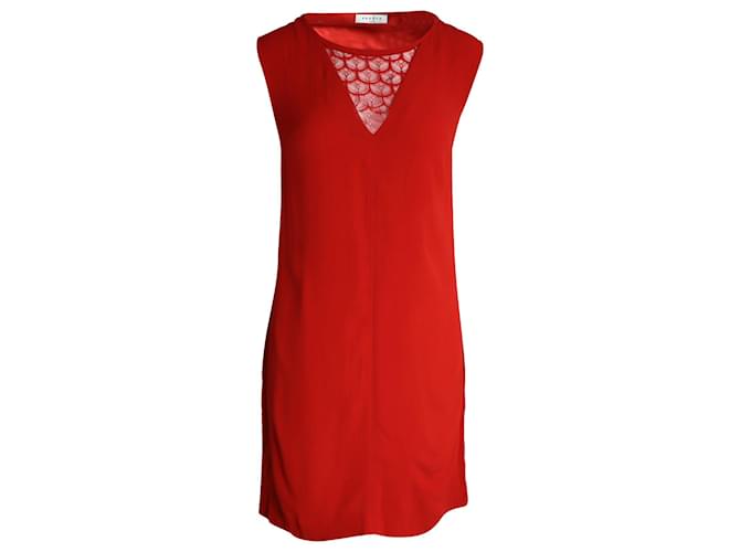 Sandro Paris ärmelloses Kleid mit Spitzenbesatz und V-Ausschnitt in rotem Cupro Viskose Zellulosefaser  ref.1014663