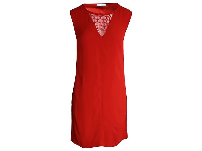 Sandro Paris Vestido sem mangas com acabamento em renda e decote em V em Red Cupro Vermelho