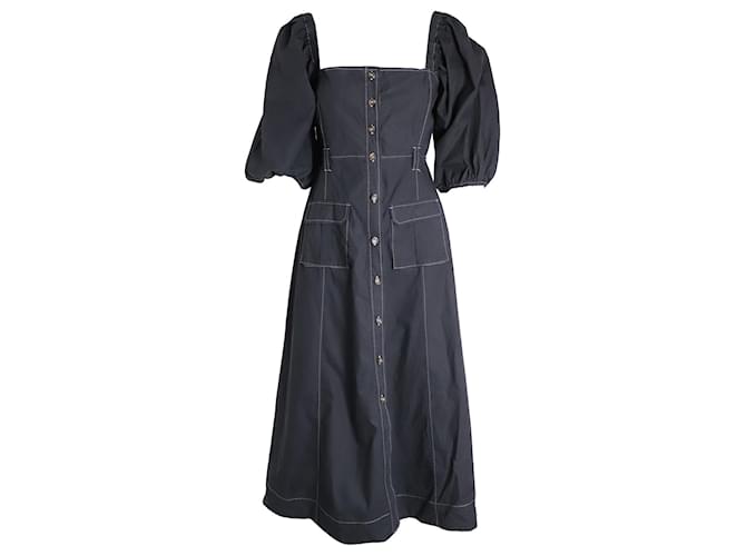 Ganni Topstitched Midi Dress in Black Organic Cotton   ref.1014699